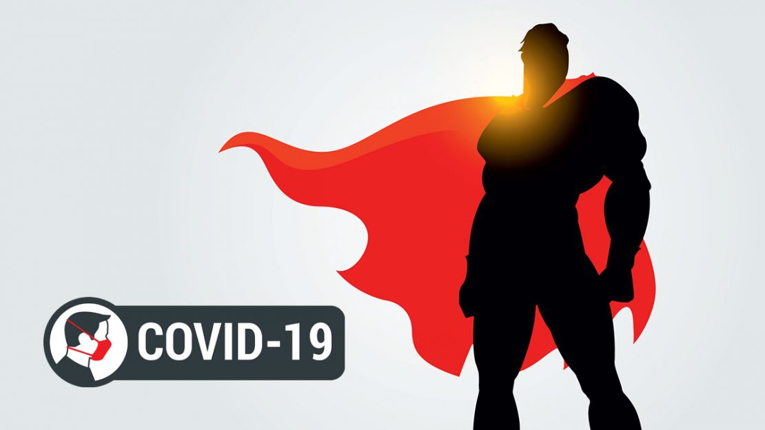 Super hero with COVID-19 mask label